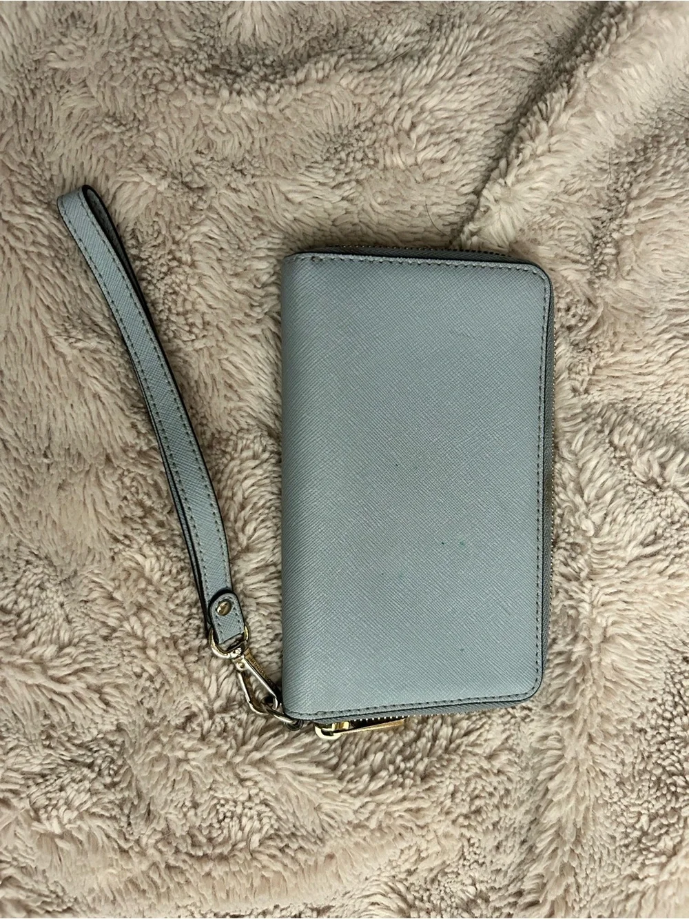 Michael Kors Pale Blue Saffiano Leather Wristlet with Gold Hardware